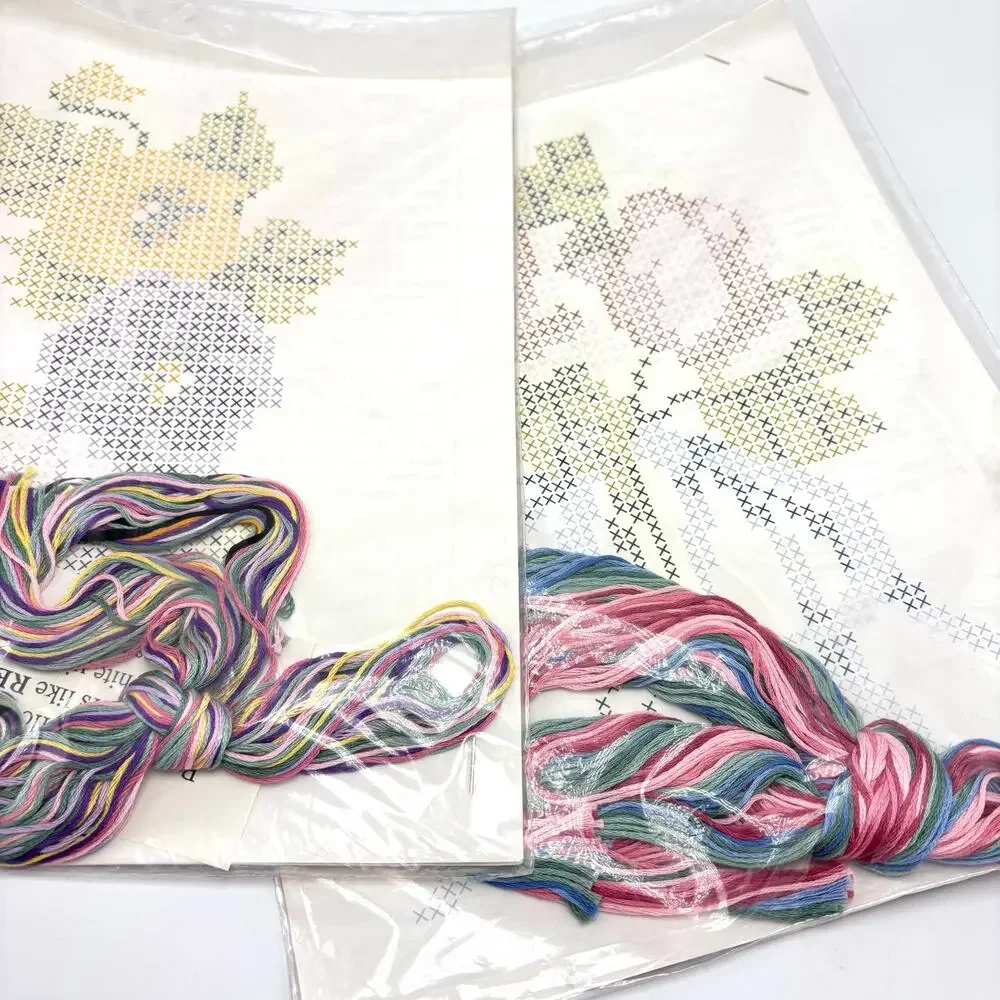 2 Wearable Flower Cross Stitch Kits Vintage 1990s Iron On Transfer Rose Pansy